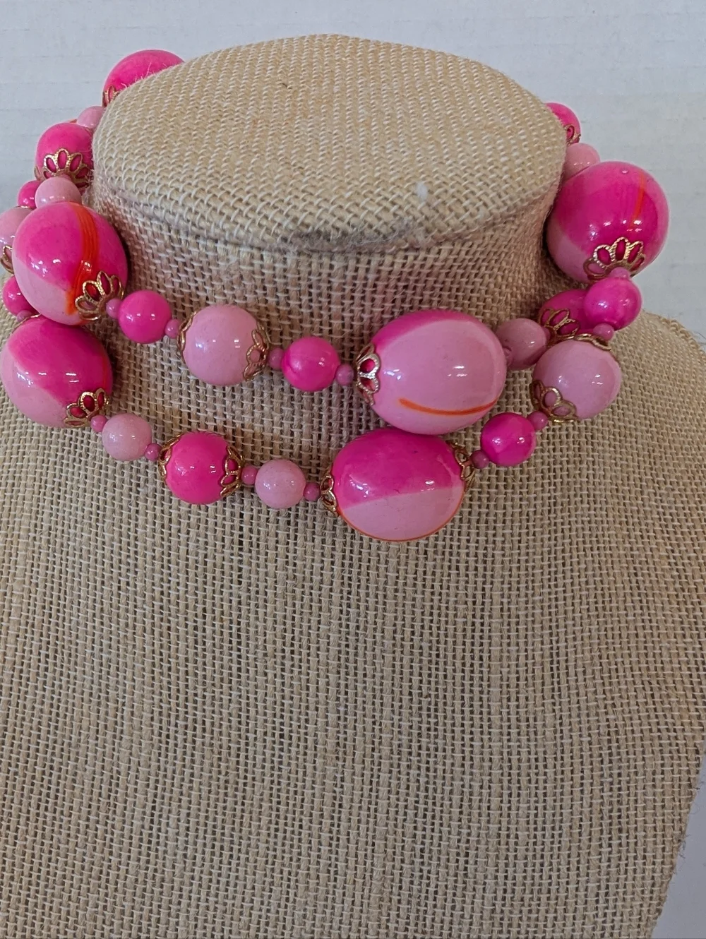 Vintage 1960 Hot Pink Two-Row Statement Beaded Necklace - Women Jewelry - Picture 1 of 4